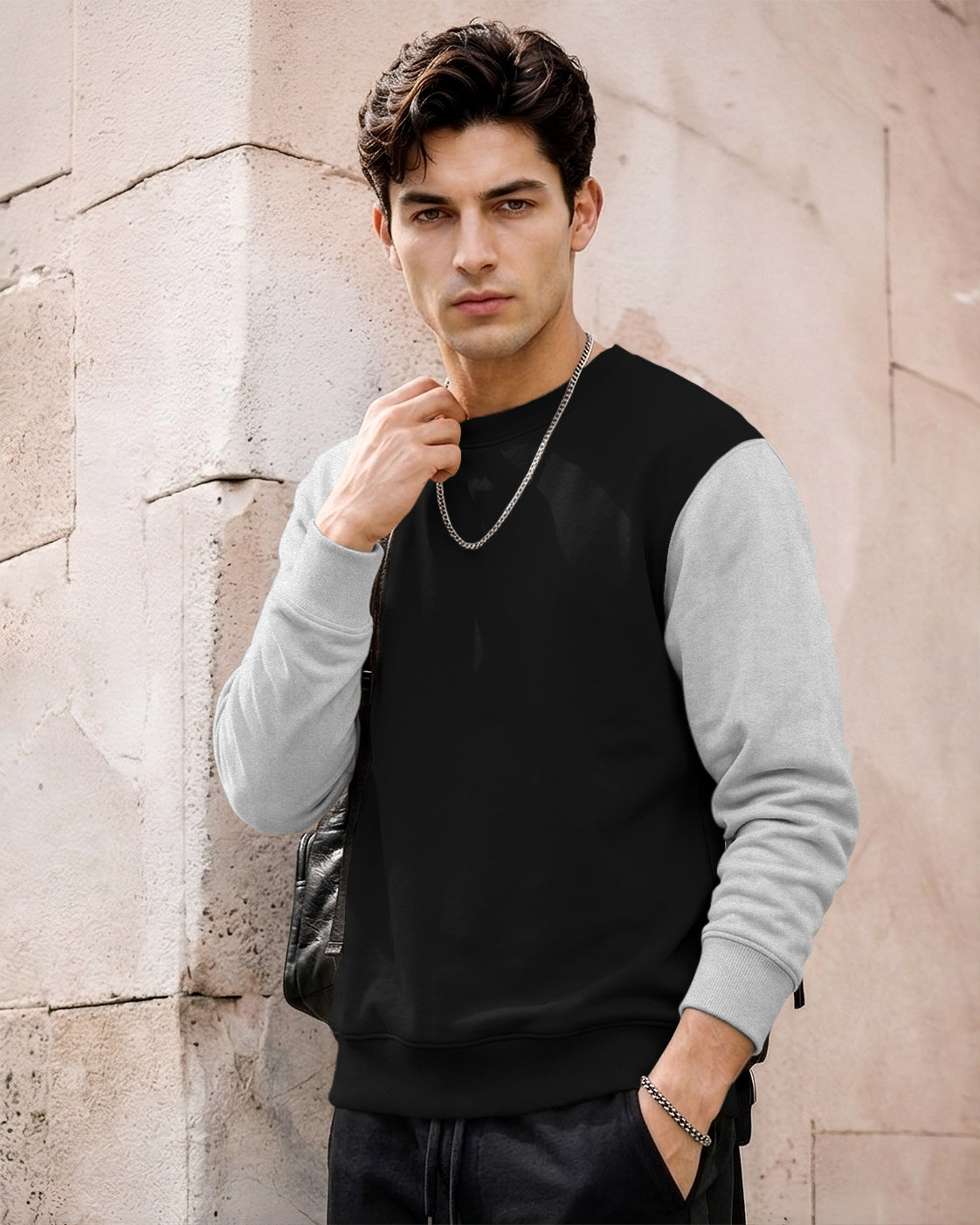 Mens Contrast Sleeve Round Neck Sweatshirt Black|Grey