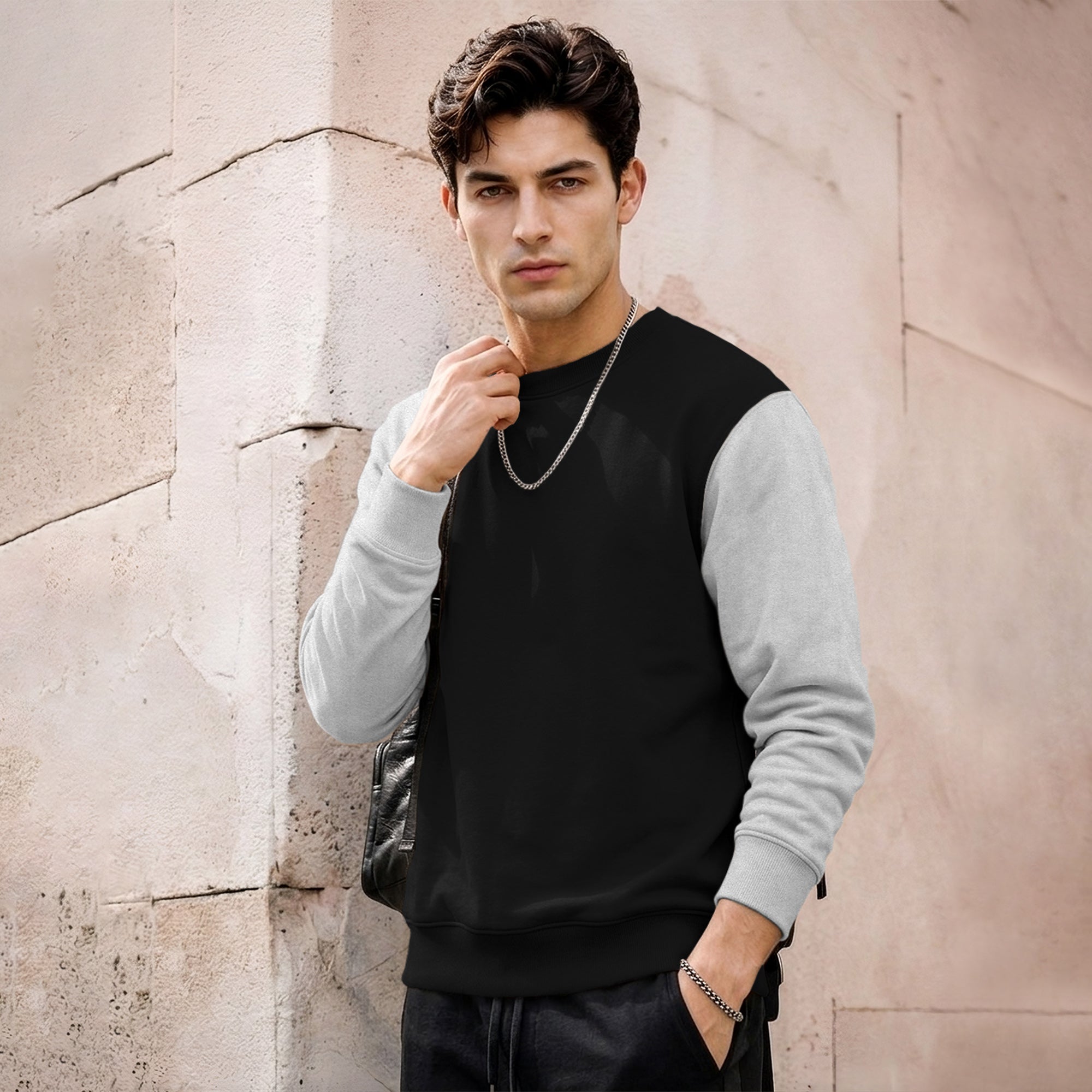 Mens Contrast Sleeve Round Neck Sweatshirt Black|Grey