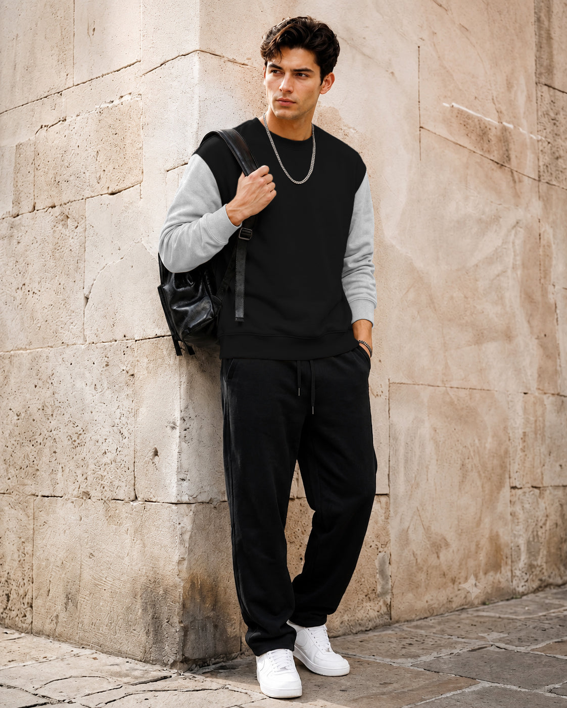 Mens Contrast Sleeve Round Neck Sweatshirt Black|Grey