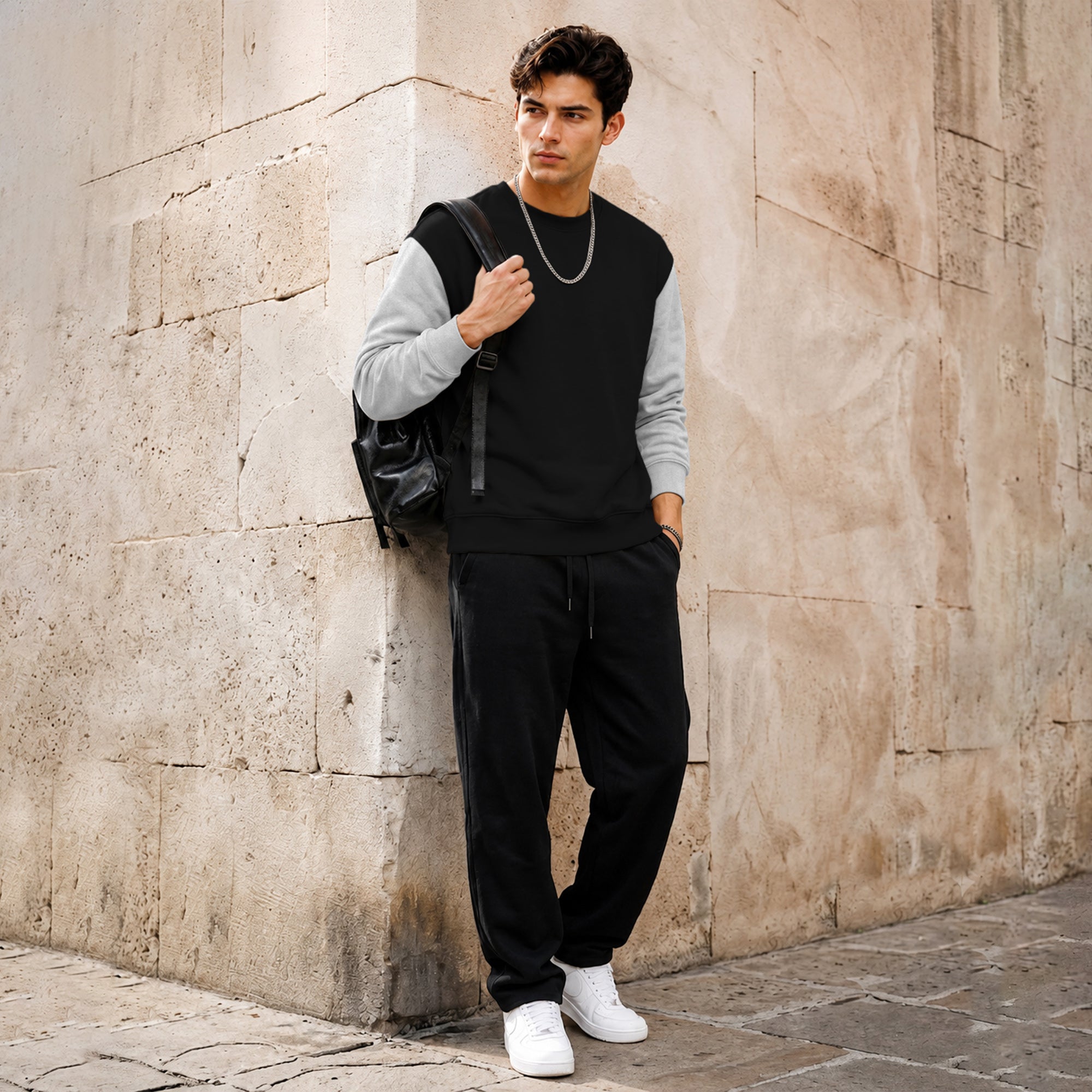 Mens Contrast Sleeve Round Neck Sweatshirt Black|Grey