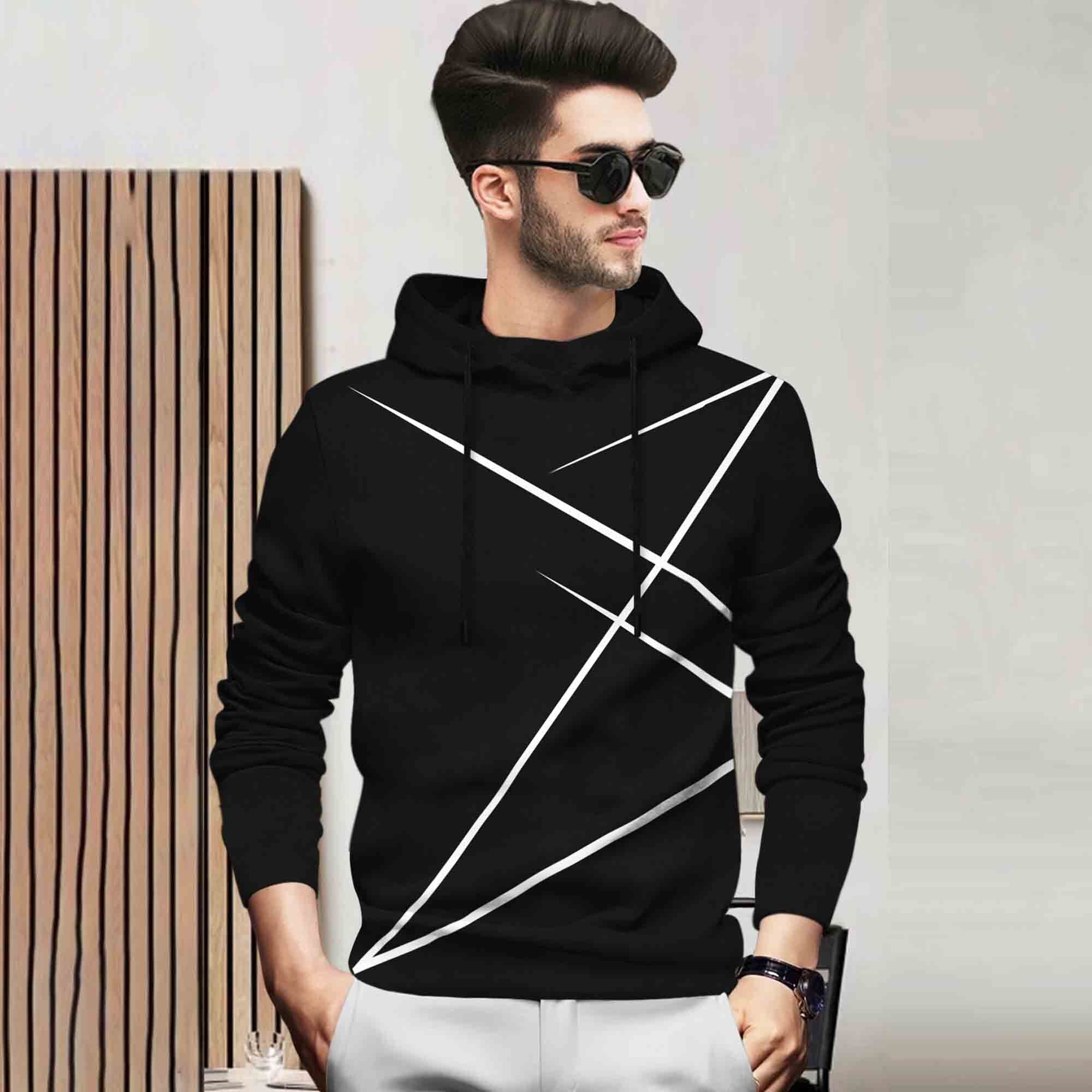 Men Full Sleeve Zig Zag Printed Hooded T-shirt / Black