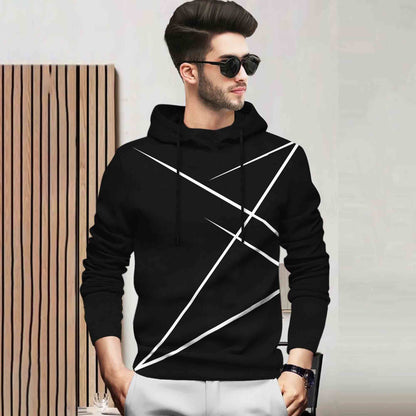 Men Full Sleeve Zig Zag Printed Hooded T-shirt / Black