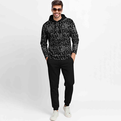 Outfit Set Full Sleeve Black Hooded Printed T-shirt Matching Black Plain Trackpant