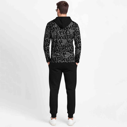 Outfit Set Full Sleeve Black Hooded Printed T-shirt Matching Black Plain Trackpant