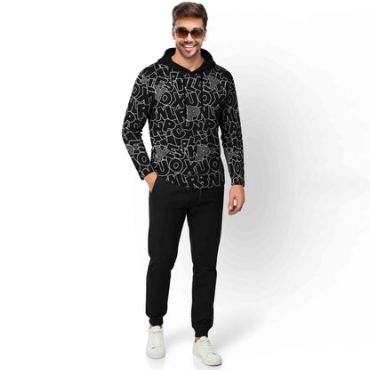 Outfit Set Full Sleeve Black Hooded Printed T-shirt Matching Black Plain Trackpant