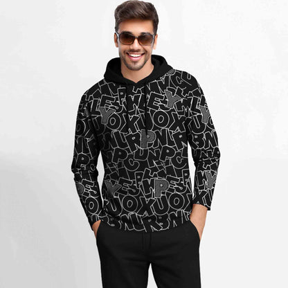 Outfit Set Full Sleeve Black Hooded Printed T-shirt Matching Black Plain Trackpant
