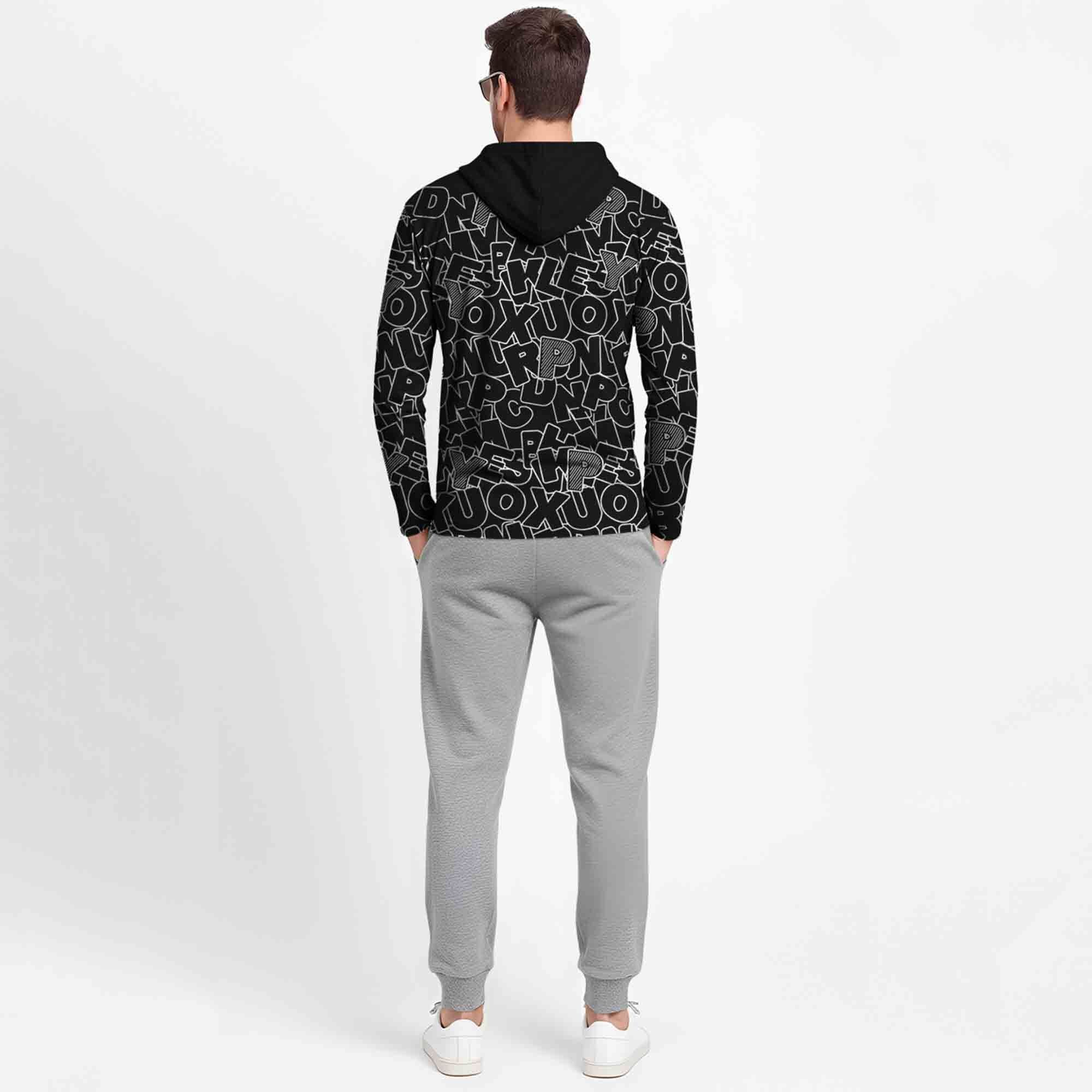 Outfit Set Full Sleeve Black Hooded Printed T-shirt Matching Grey Plain Trackpant