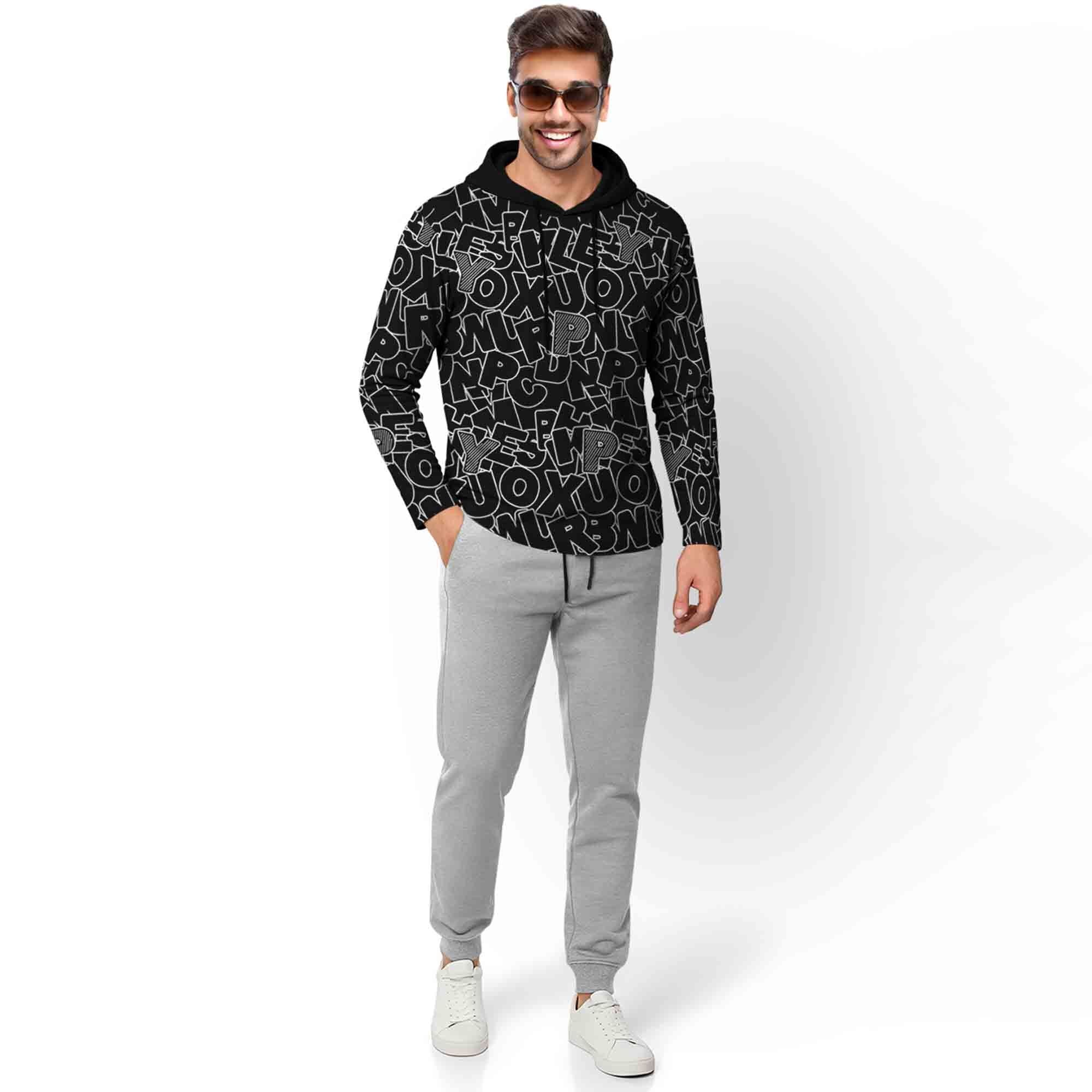Outfit Set Full Sleeve Black Hooded Printed T-shirt Matching Grey Plain Trackpant