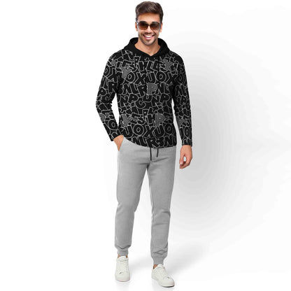 Outfit Set Full Sleeve Black Hooded Printed T-shirt Matching Grey Plain Trackpant