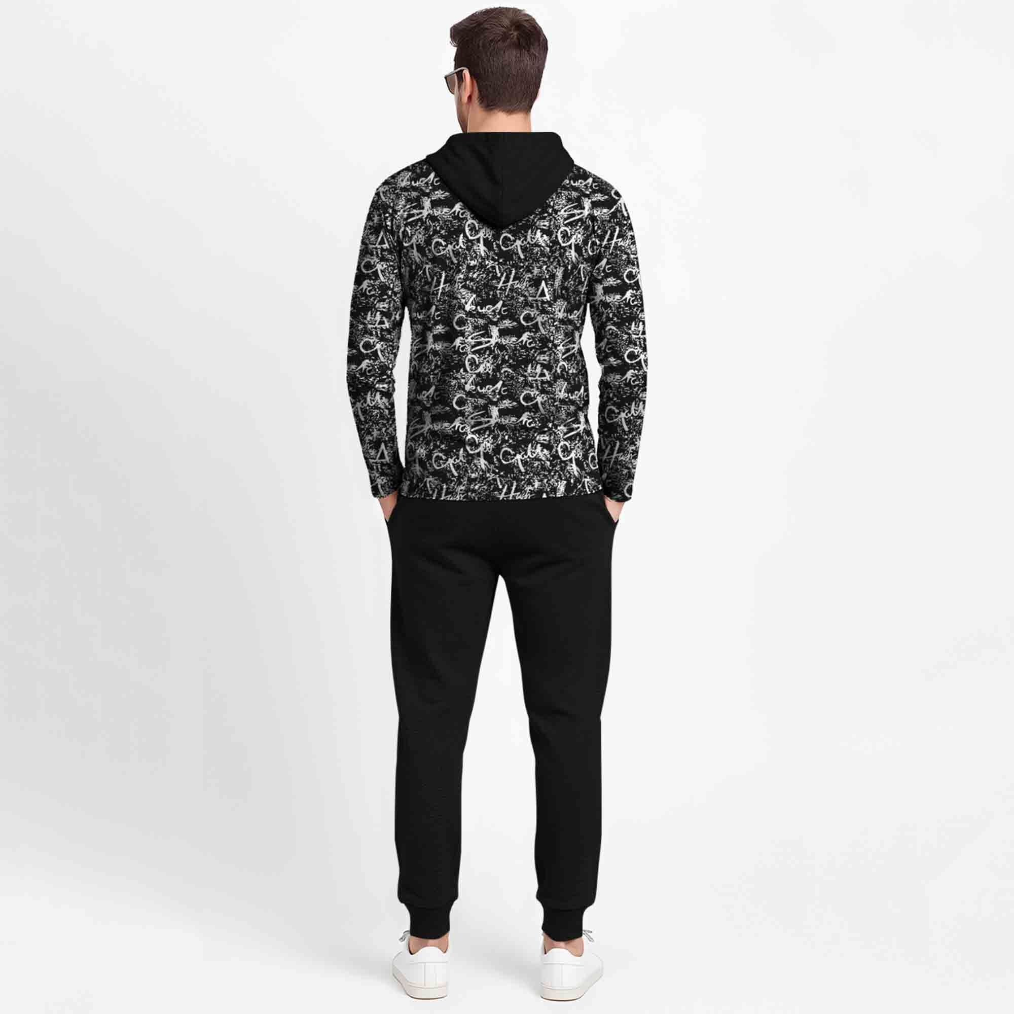 Outfit Set Full Sleeve Black Hooded Printed T-shirt Matching Black Plain Trackpant