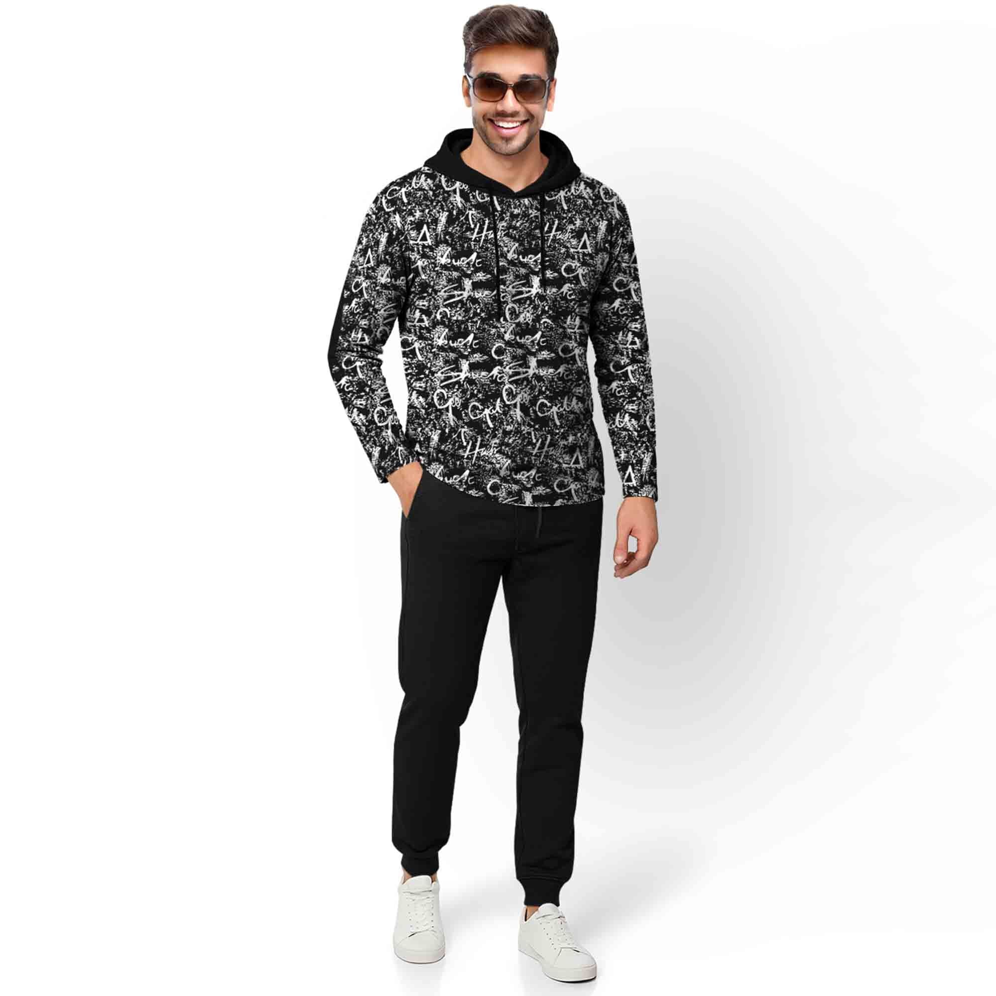 Outfit Set Full Sleeve Black Hooded Printed T-shirt Matching Black Plain Trackpant