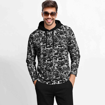 Outfit Set Full Sleeve Black Hooded Printed T-shirt Matching Black Plain Trackpant