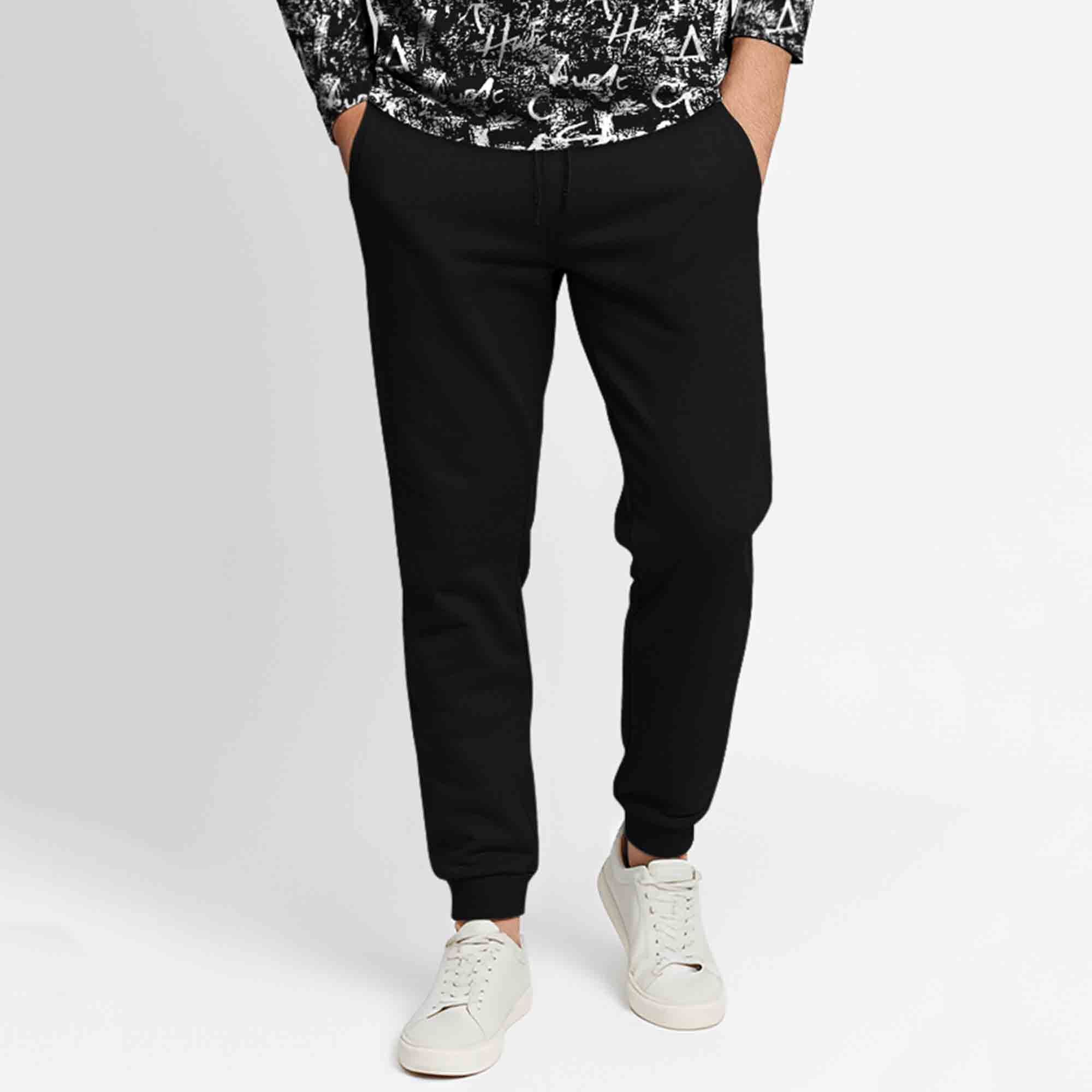 Outfit Set Full Sleeve Black Hooded Printed T-shirt Matching Black Plain Trackpant