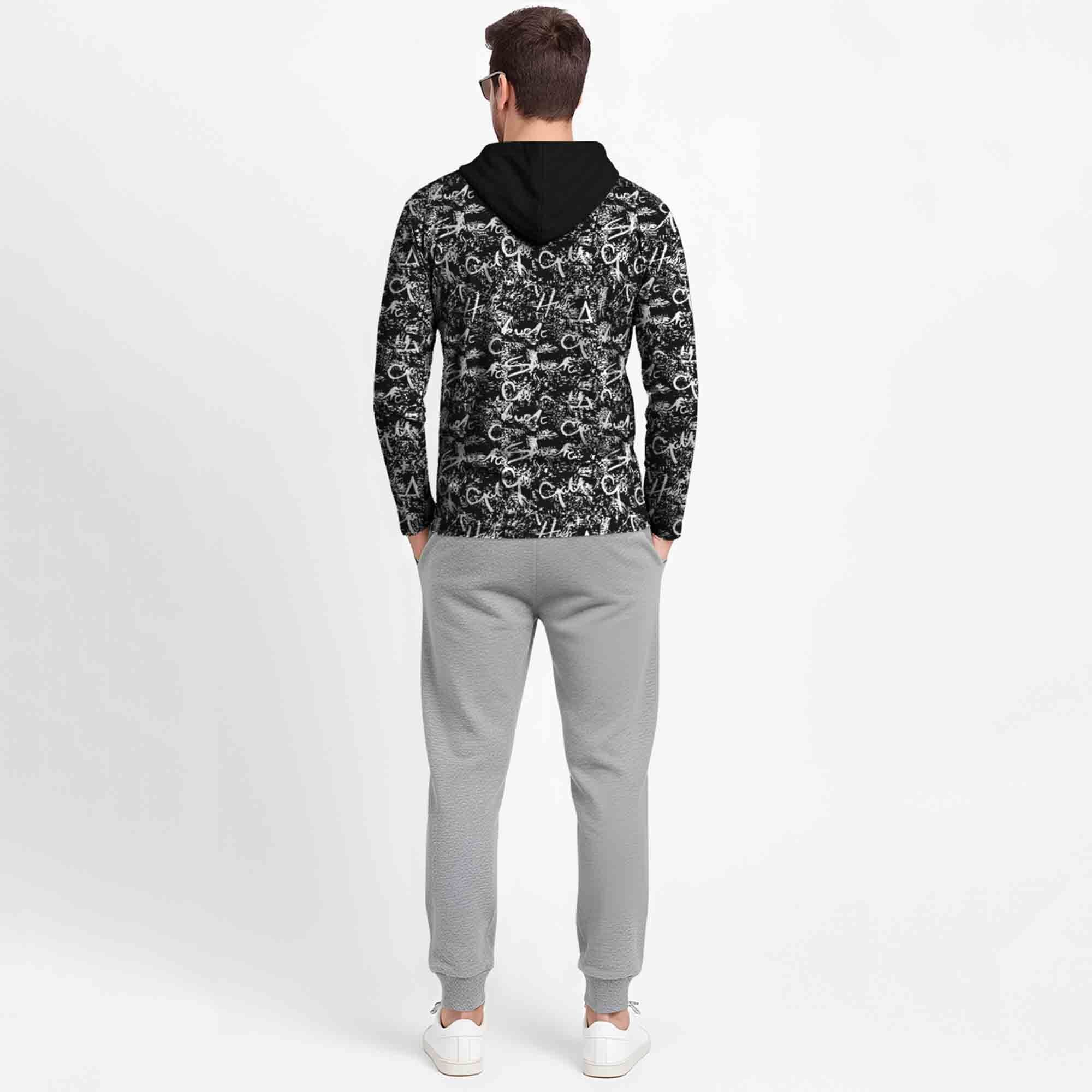 Outfit Set Full Sleeve Black Hooded Printed T-shirt Matching Grey Plain Trackpant