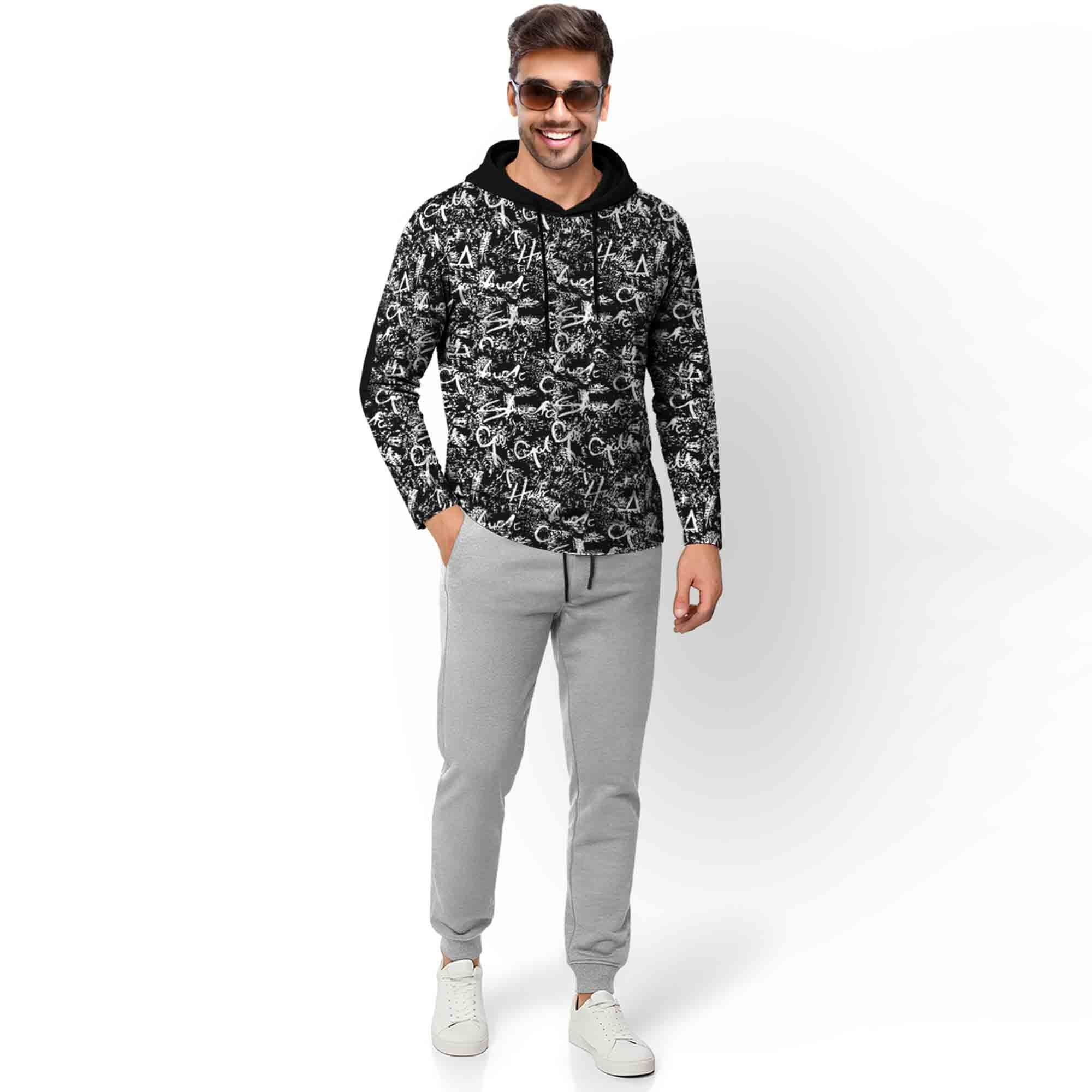 Outfit Set Full Sleeve Black Hooded Printed T-shirt Matching Grey Plain Trackpant