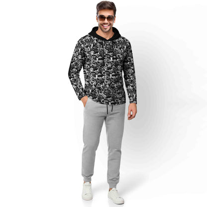 Outfit Set Full Sleeve Black Hooded Printed T-shirt Matching Grey Plain Trackpant
