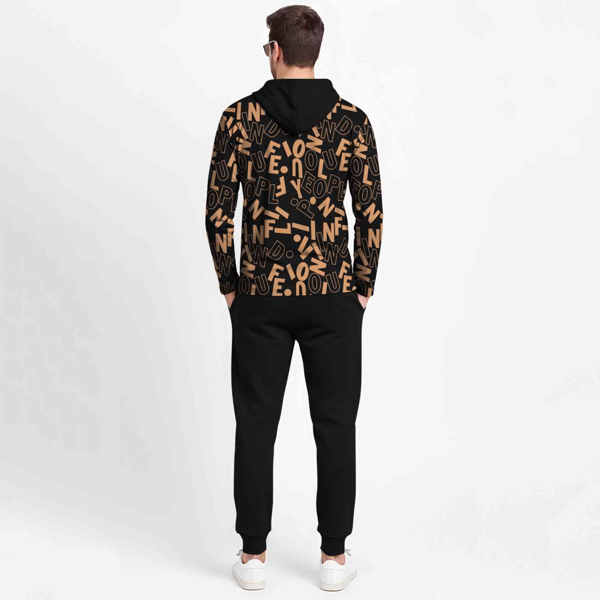 Outfit Set Full Sleeve Black Hooded Printed T-shirt Matching Black Plain Trackpant