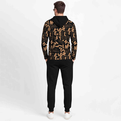 Outfit Set Full Sleeve Black Hooded Printed T-shirt Matching Black Plain Trackpant
