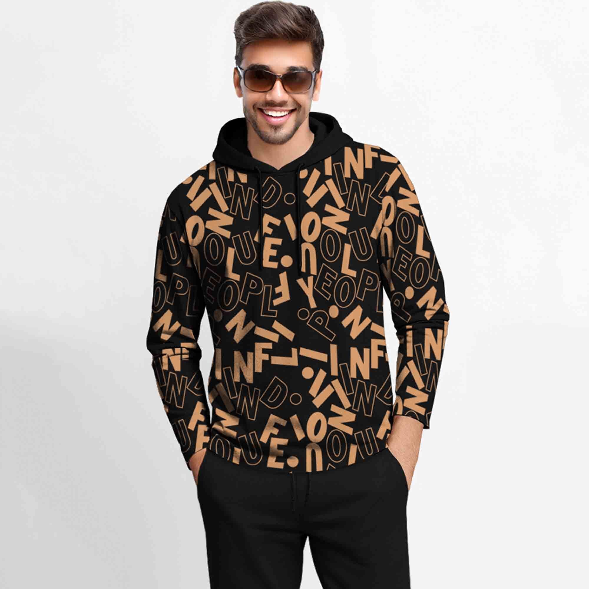 Outfit Set Full Sleeve Black Hooded Printed T-shirt Matching Black Plain Trackpant