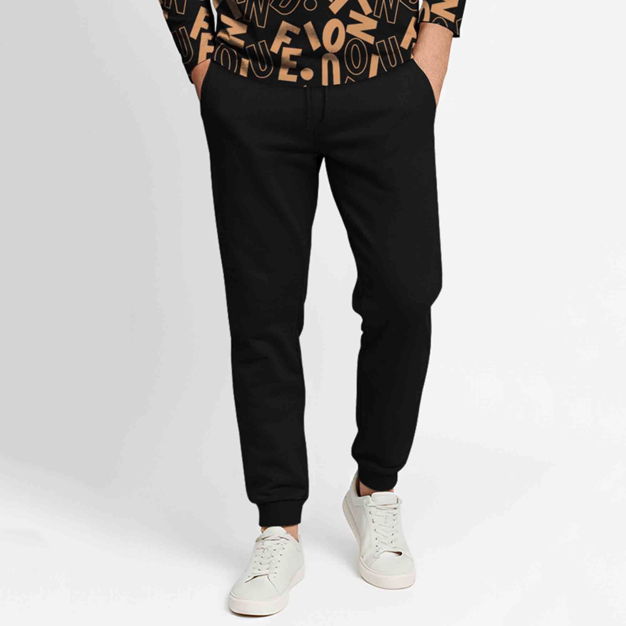 Outfit Set Full Sleeve Black Hooded Printed T-shirt Matching Black Plain Trackpant