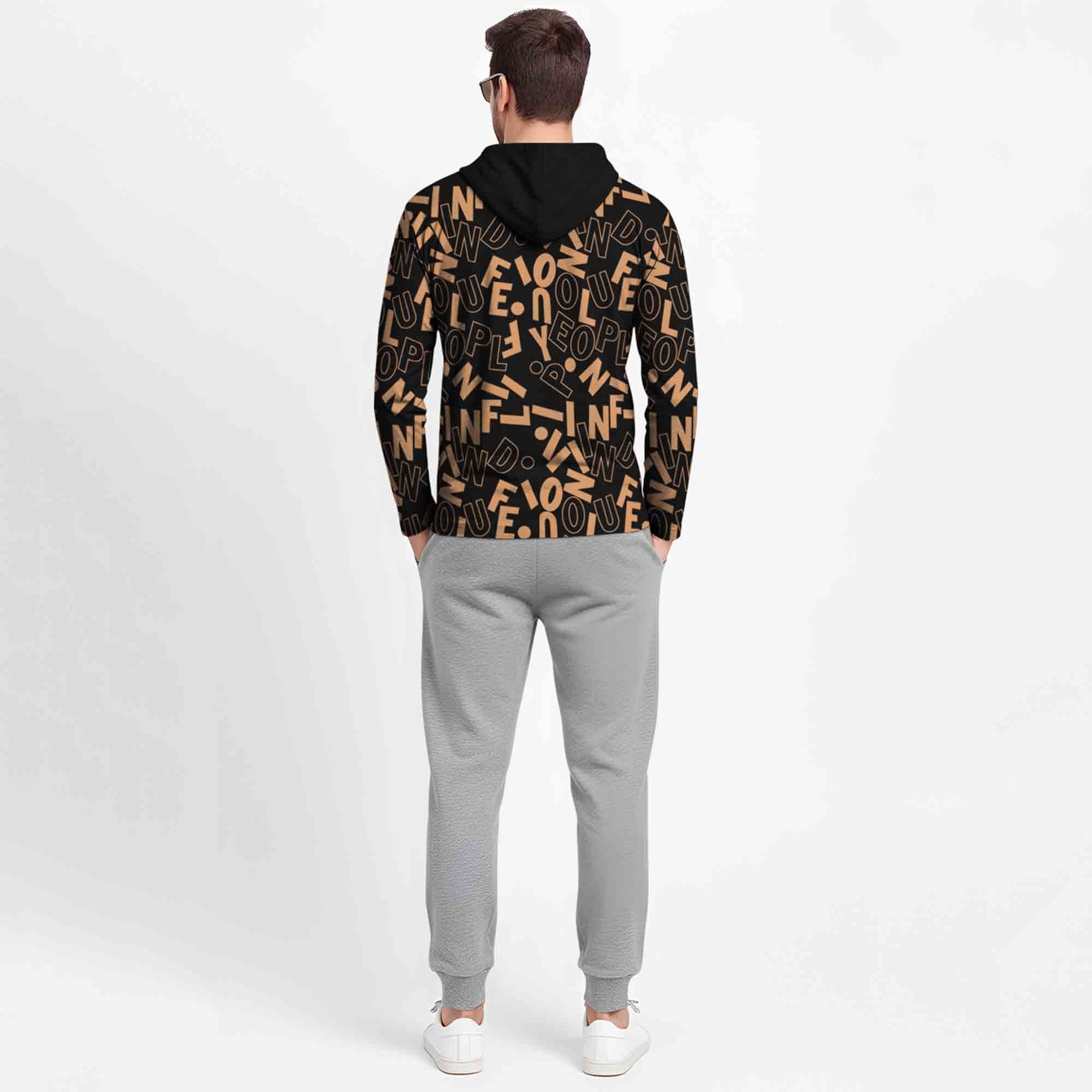 Outfit Set Full Sleeve Black Hooded Printed T-shirt Matching Grey Plain Trackpant