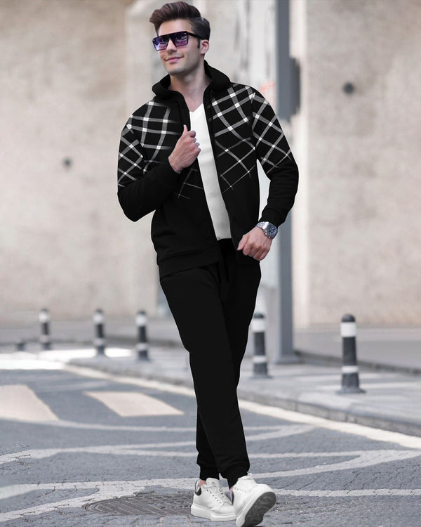 Tracksuit For Men Black Printed Jacket / Black Plain Trackpant