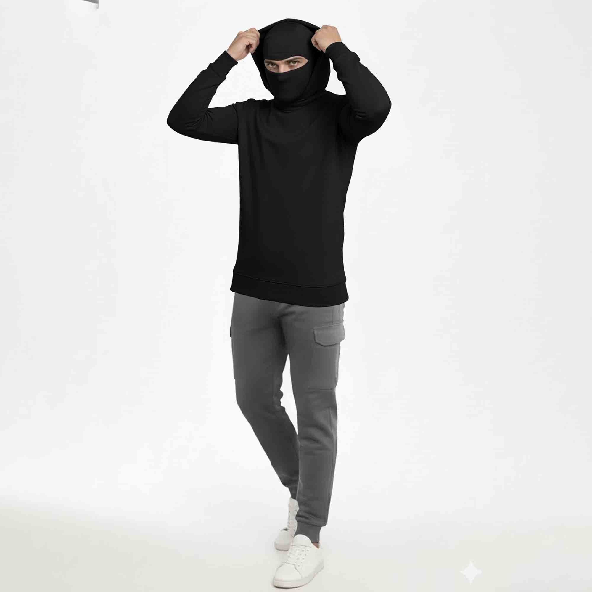 Men Solid Hooded Neck Cotton Blend Black T-Shirt
