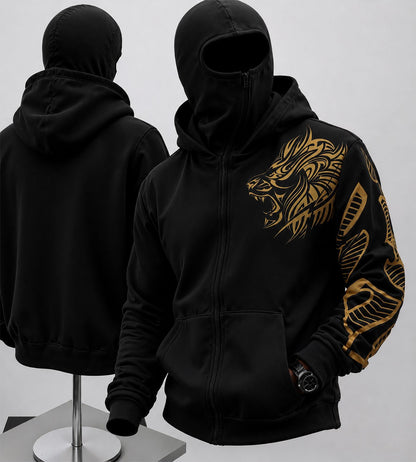 Mens Gold Lion Graphic Zip-Up Winter Balaclava Mask Jacket Black