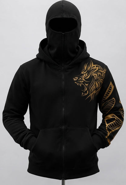 Mens Gold Lion Graphic Zip-Up Winter Balaclava Mask Jacket Black