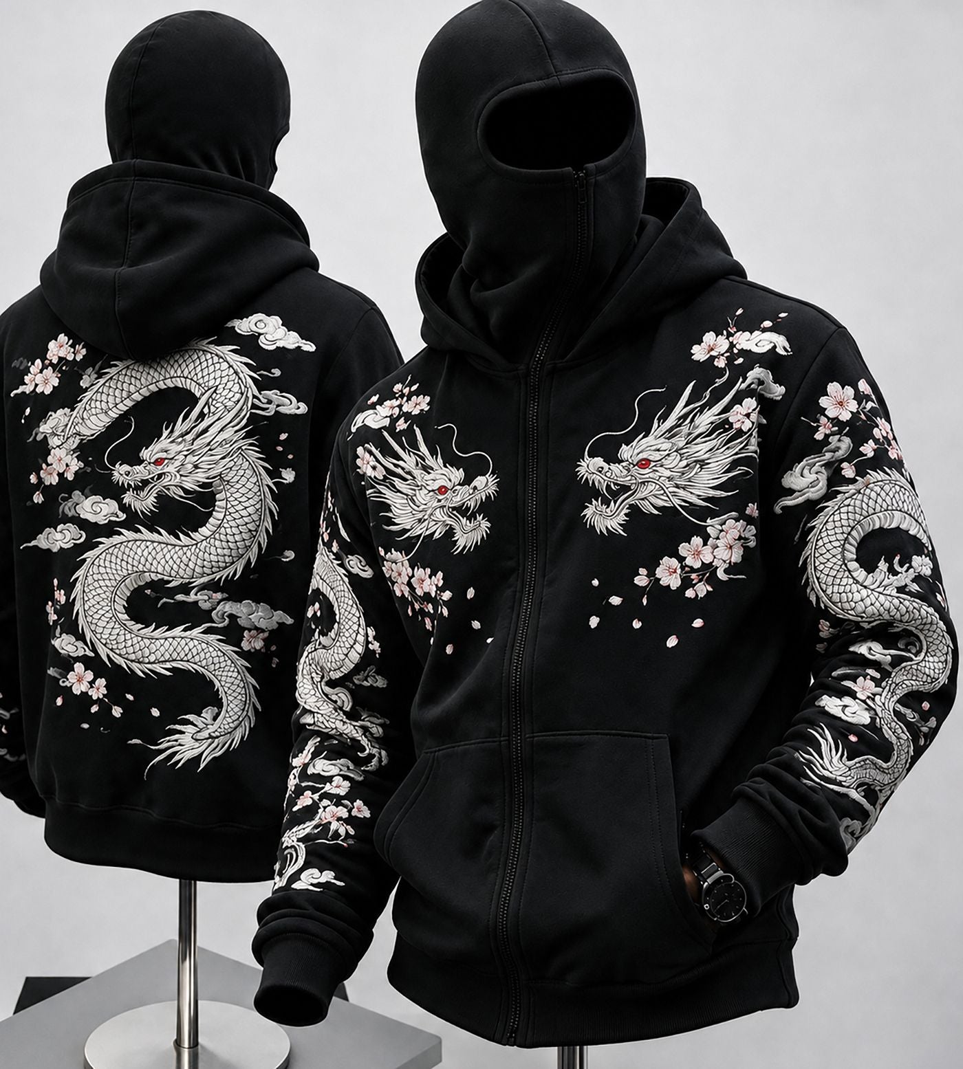 Mens Back Prined Graphic Design Zip-Up Winter Mask Jacket Black