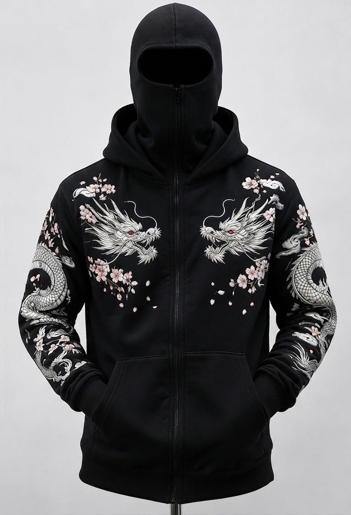 Mens Back Prined Graphic Design Zip-Up Winter Mask Jacket Black