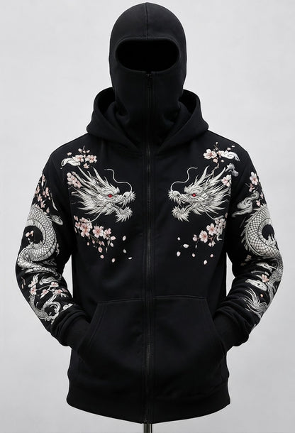 Mens Back Prined Graphic Design Zip-Up Winter Mask Jacket Black