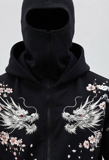 Mens Back Prined Graphic Design Zip-Up Winter Mask Jacket Black