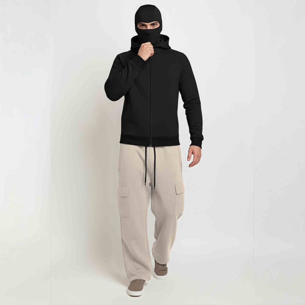 Tracksuit For Winter Mask Black Jacket - Beige Plain Baggy Cargo