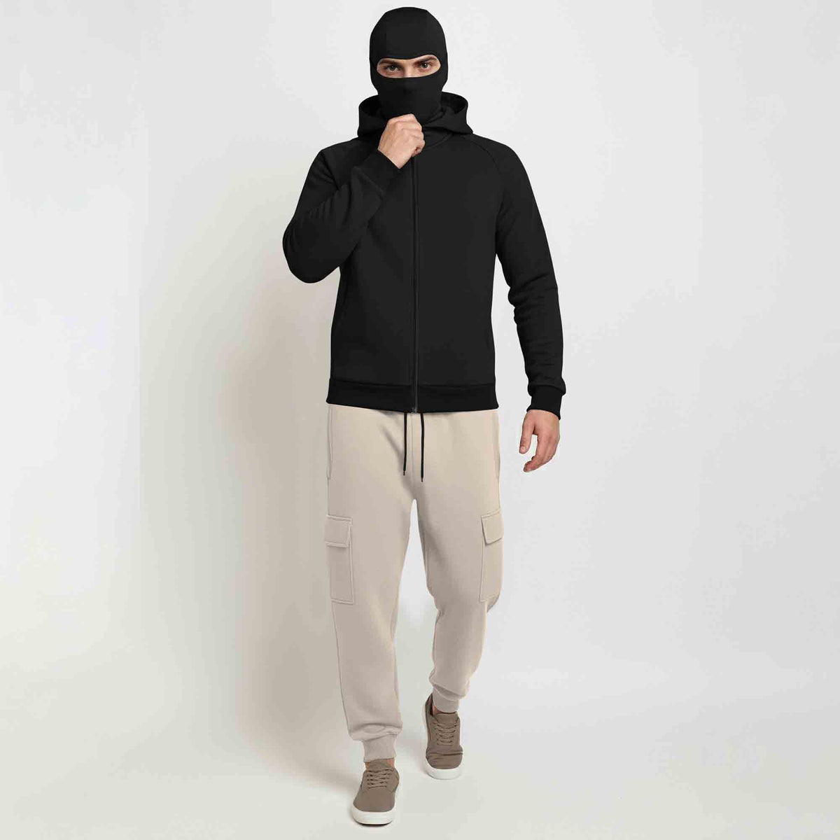 Tracksuit For Winter Mask Black Jacket - Plain Beige Cargo Pant