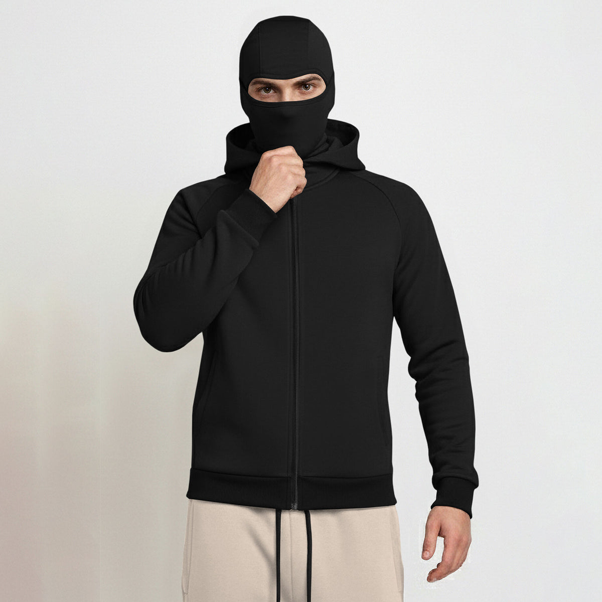 Tracksuit For Winter Mask Black Jacket - Plain Beige Cargo Pant