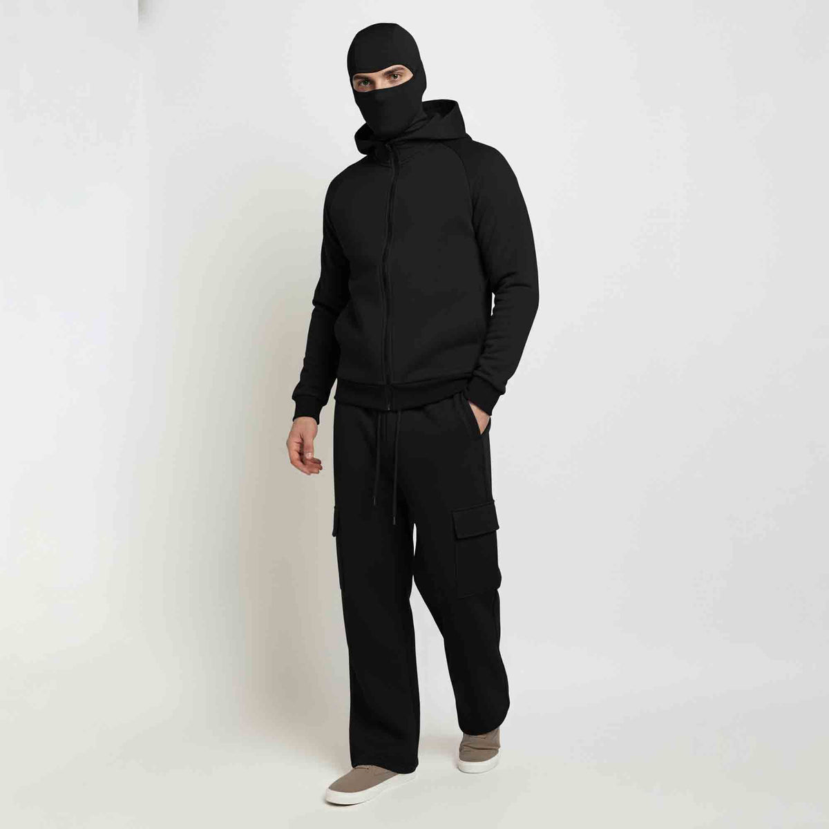 Tracksuit For Winter Mask Black Jacket - Black Plain Baggy Cargo