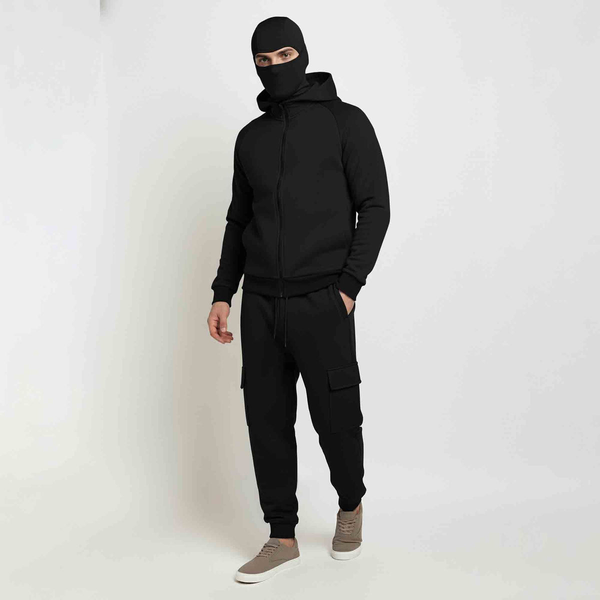 Tracksuit For Winter Mask Black Jacket - Plain Black Cargo Pant