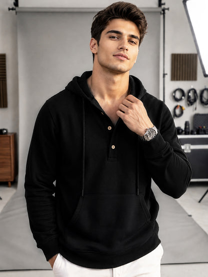 Men Solid Color Winter Black Hooded Sweatshirt