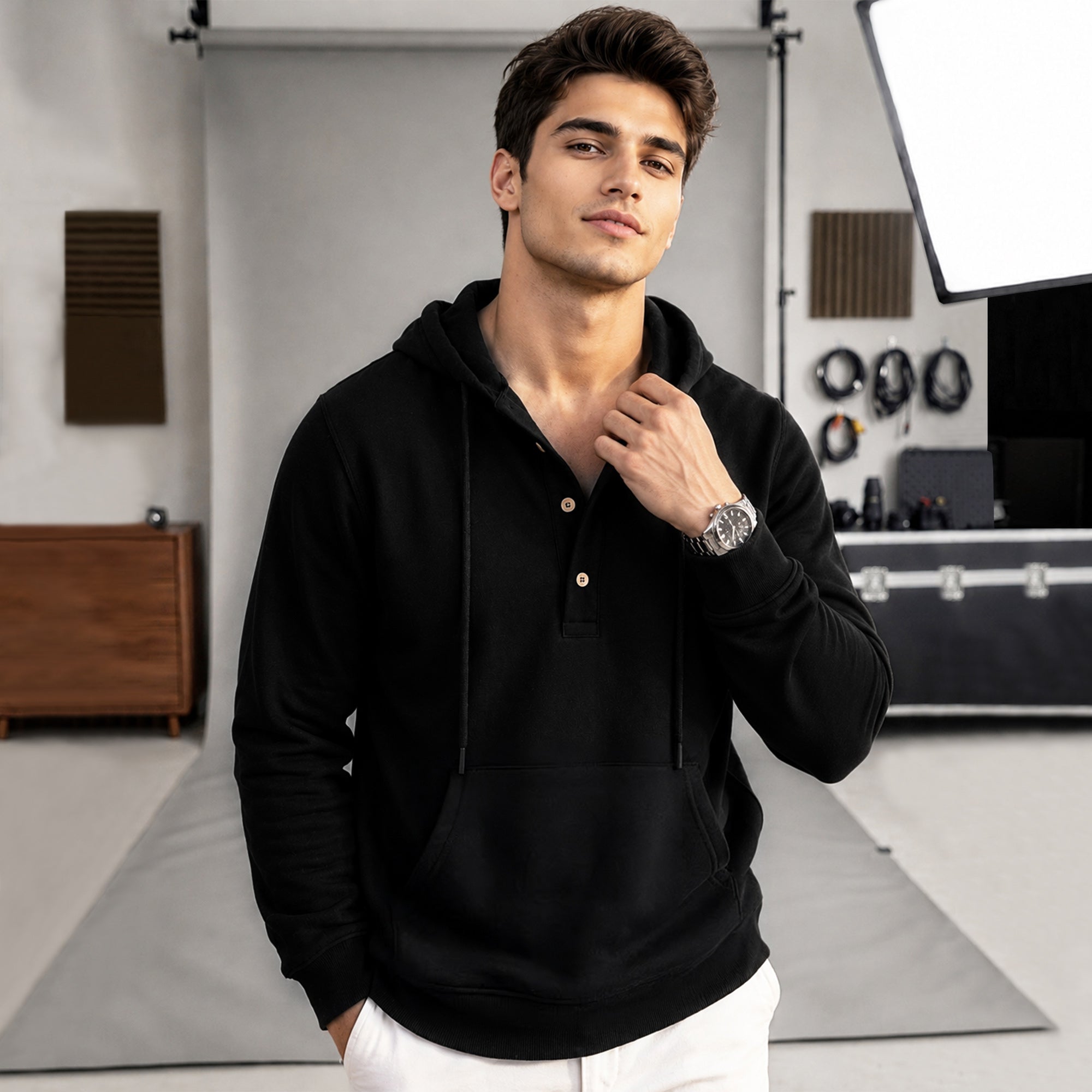 Men Solid Color Winter Black Hooded Sweatshirt