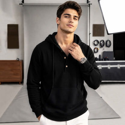 Men Solid Color Winter Black Hooded Sweatshirt