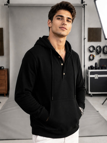 Men Solid Color Winter Black Hooded Sweatshirt