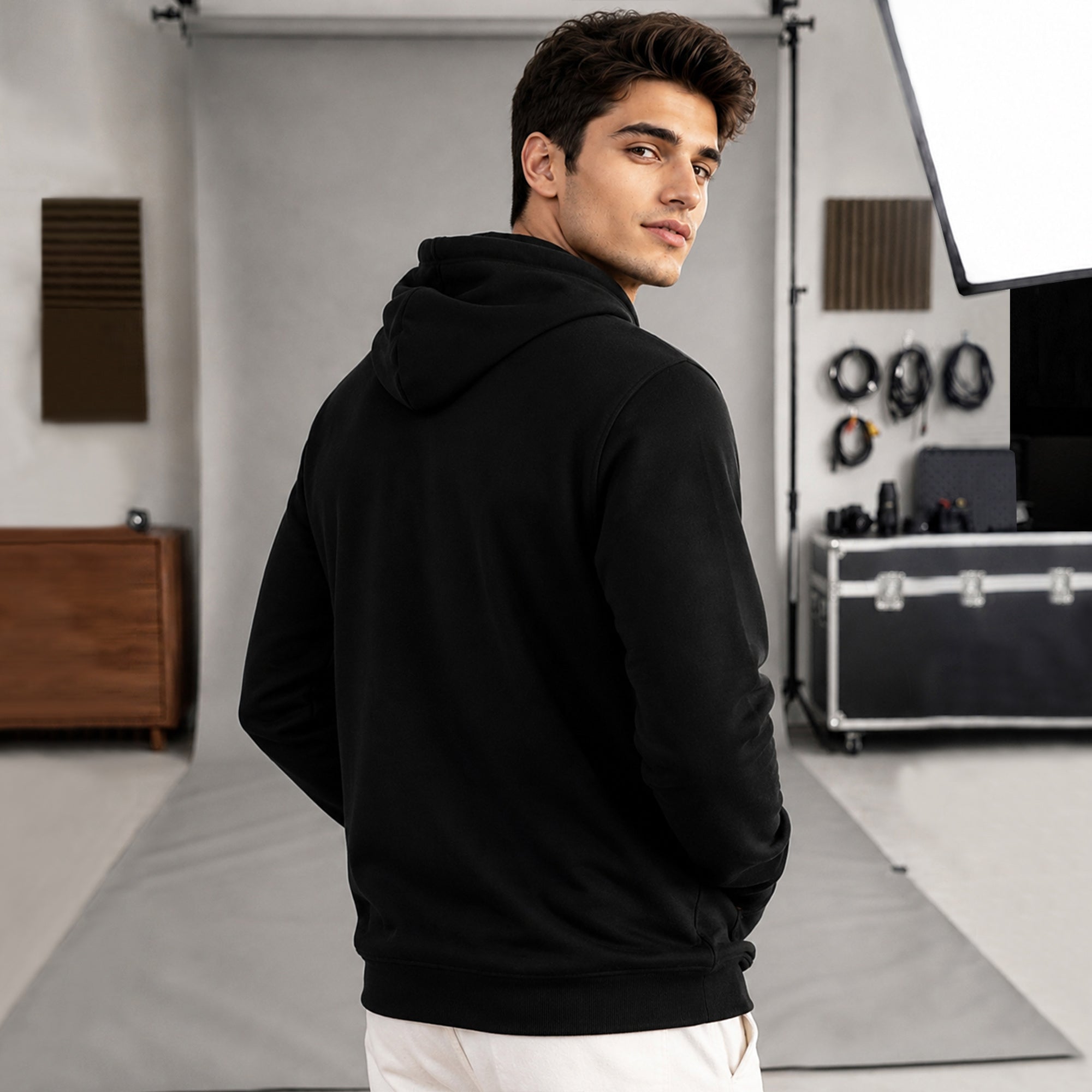 Men Solid Color Winter Black Hooded Sweatshirt