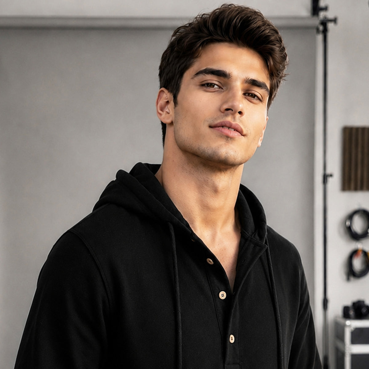 Men Solid Color Winter Black Hooded Sweatshirt