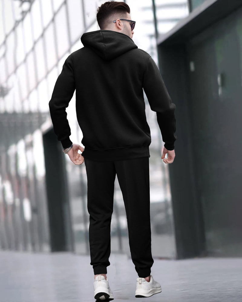 Tracksuit For Men Black Hooded Jacket & Black Plain loopknit Jogger Pant