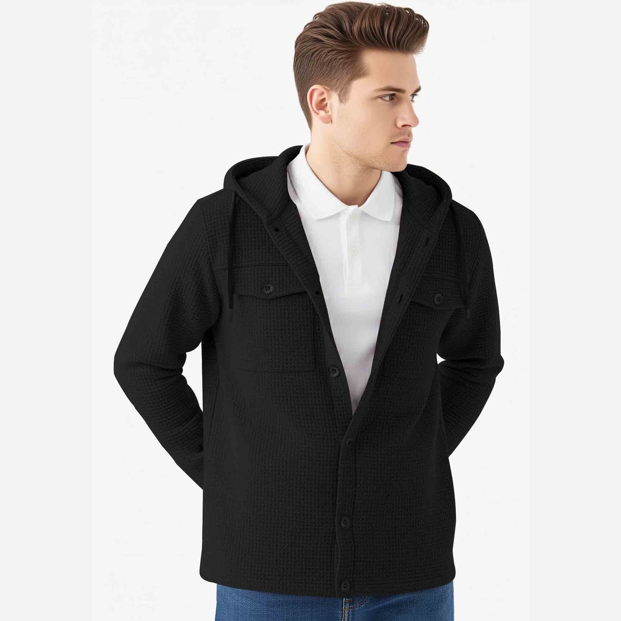 Men Smart Casual Double Pocket Full Sleeve Hooded Black Textured Shirt