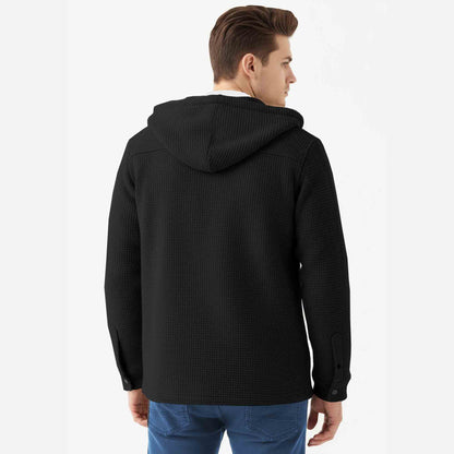 Men Smart Casual Double Pocket Full Sleeve Hooded Black Textured Shirt