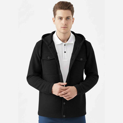 Men Smart Casual Double Pocket Full Sleeve Hooded Black Textured Shirt
