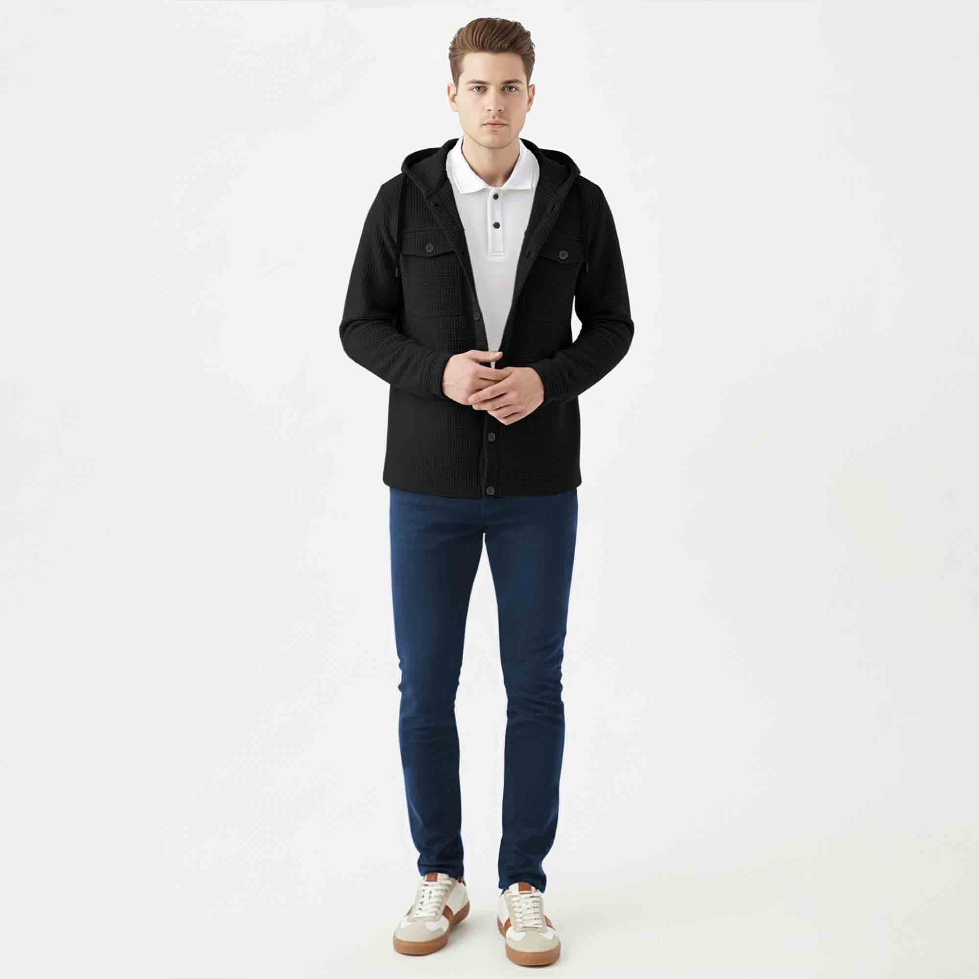Men Smart Casual Double Pocket Full Sleeve Hooded Black Textured Shirt