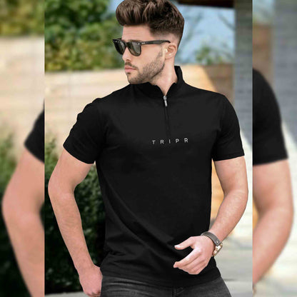 Men High Neck Black Zip Up Half Sleeve T-shirt